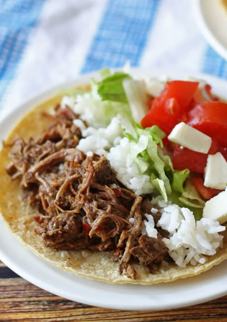 slow cooker barbacoa beef taco closeup