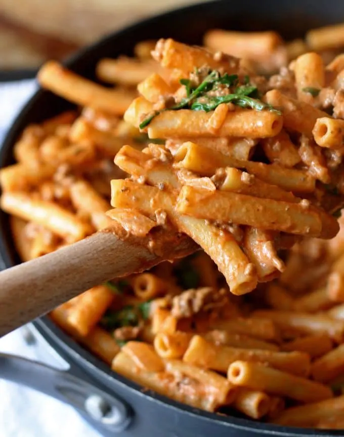 Cheesy Tomato Pasta Skillet | www.honeyandbirch.com | #dinner #sundaysupper