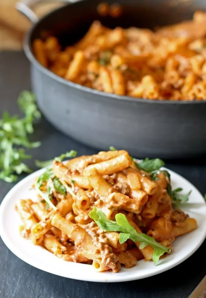 Cheesy Tomato Pasta Skillet | www.honeyandbirch.com | #dinner #sundaysupper