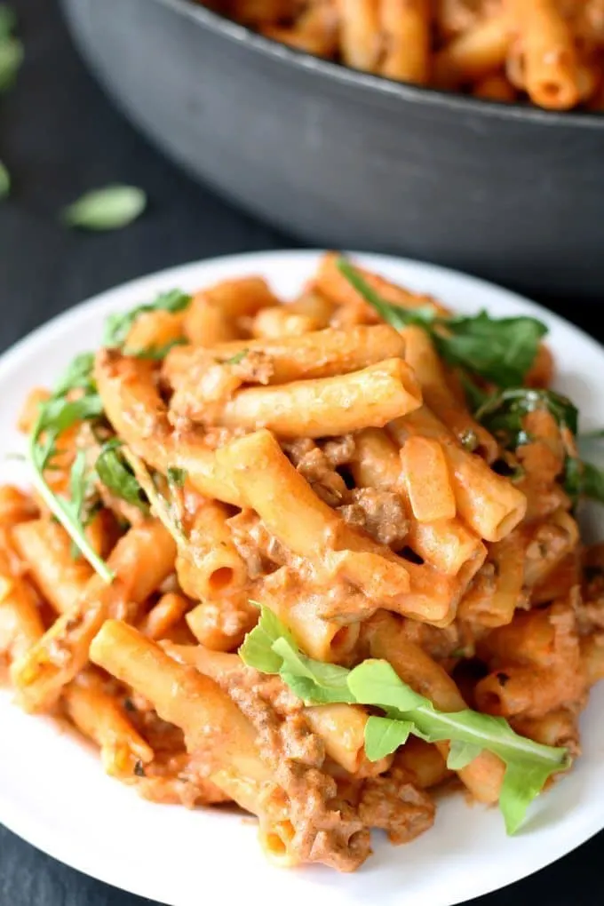 Cheesy Tomato Pasta Skillet | www.honeyandbirch.com | #dinner #sundaysupper