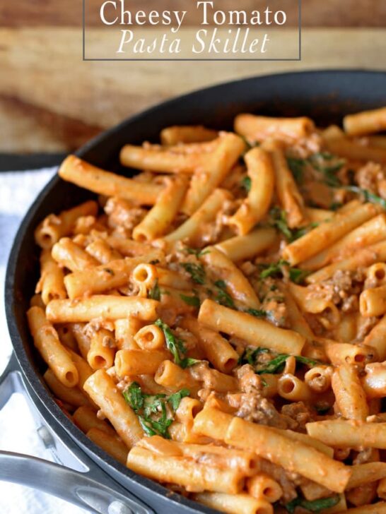 Cheesy Tomato Pasta Skillet | www.honeyandbirch.com | #dinner #sundaysupper