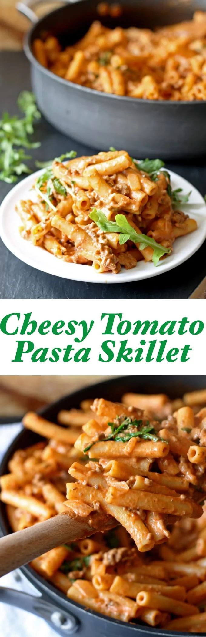 Cheesy Tomato Pasta Skillet | www.honeyandbirch.com | #dinner #sundaysupper #30minutemeal