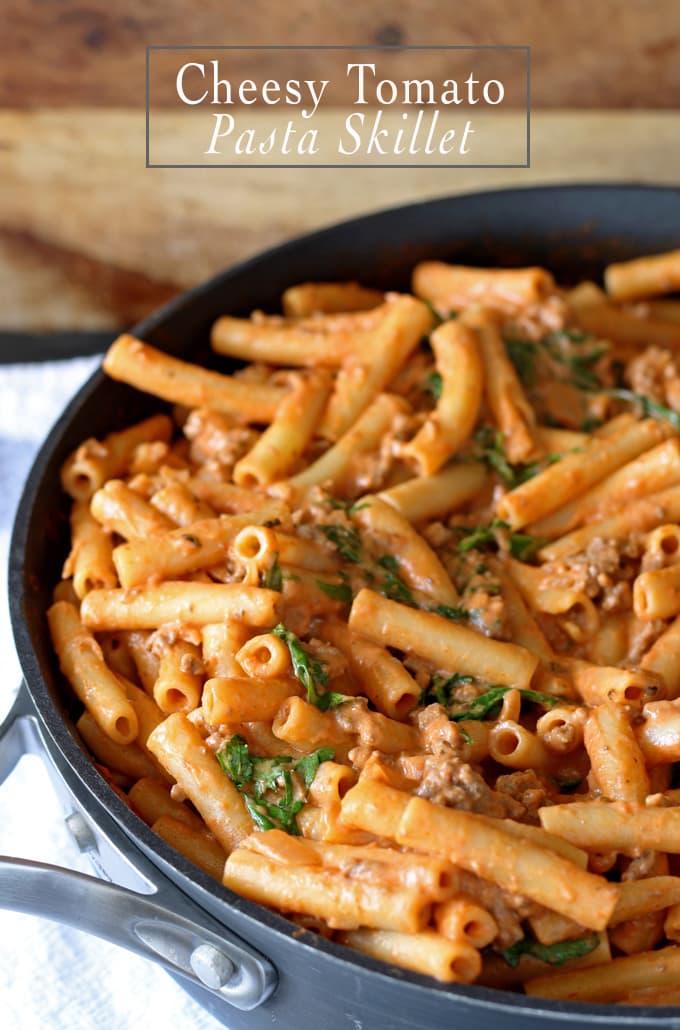 Cheesy Tomato Pasta Skillet | www.honeyandbirch.com | #dinner #sundaysupper