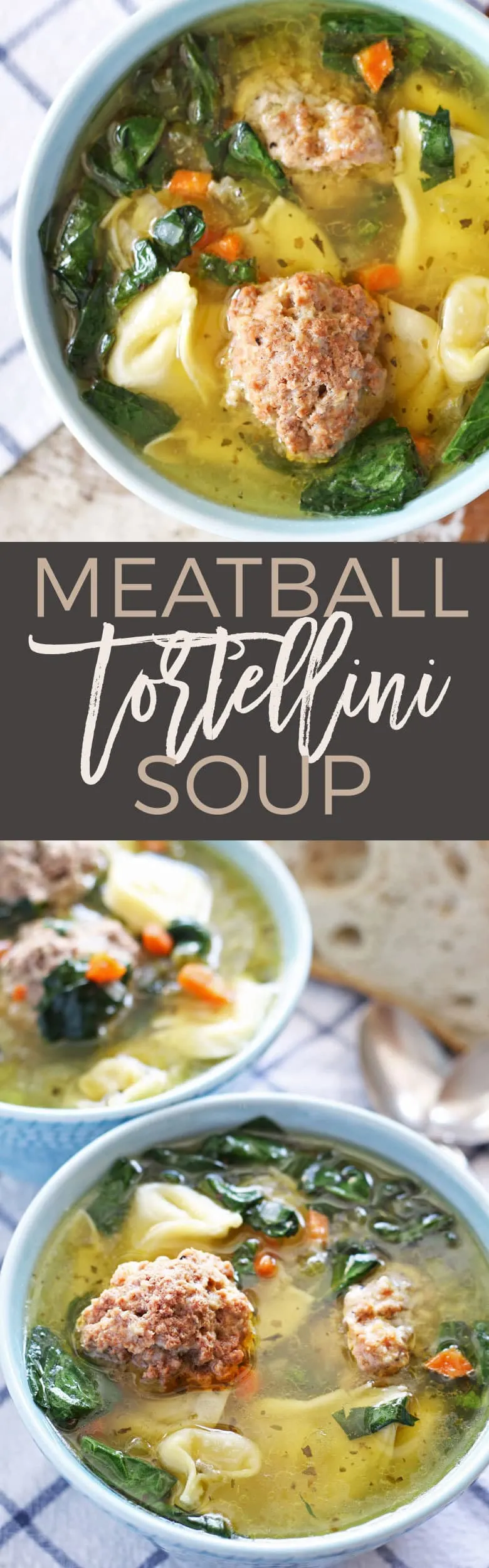 This easy meatball tortellini soup is hearty and perfect for lunch or dinner! Made with store-bought tortellini and giant meatballs! | honeyandbirch.com