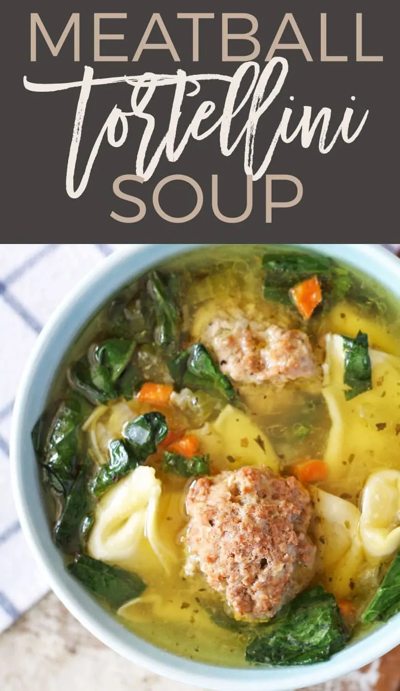 This easy meatball tortellini soup is hearty and perfect for lunch or dinner! Made with store-bought tortellini and giant meatballs! | honeyandbirch.com