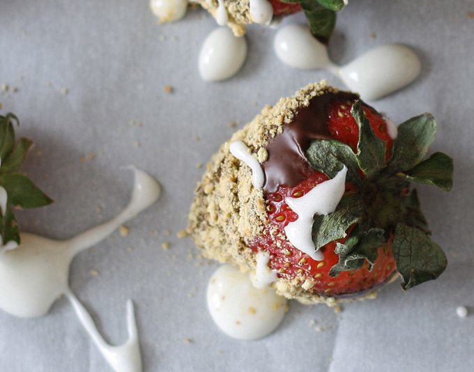 S'mores chocolate covered strawberries are the perfect dessert for Valentine's Day or treat for any day. Easy to make your own at home! | honeyandbirch.com