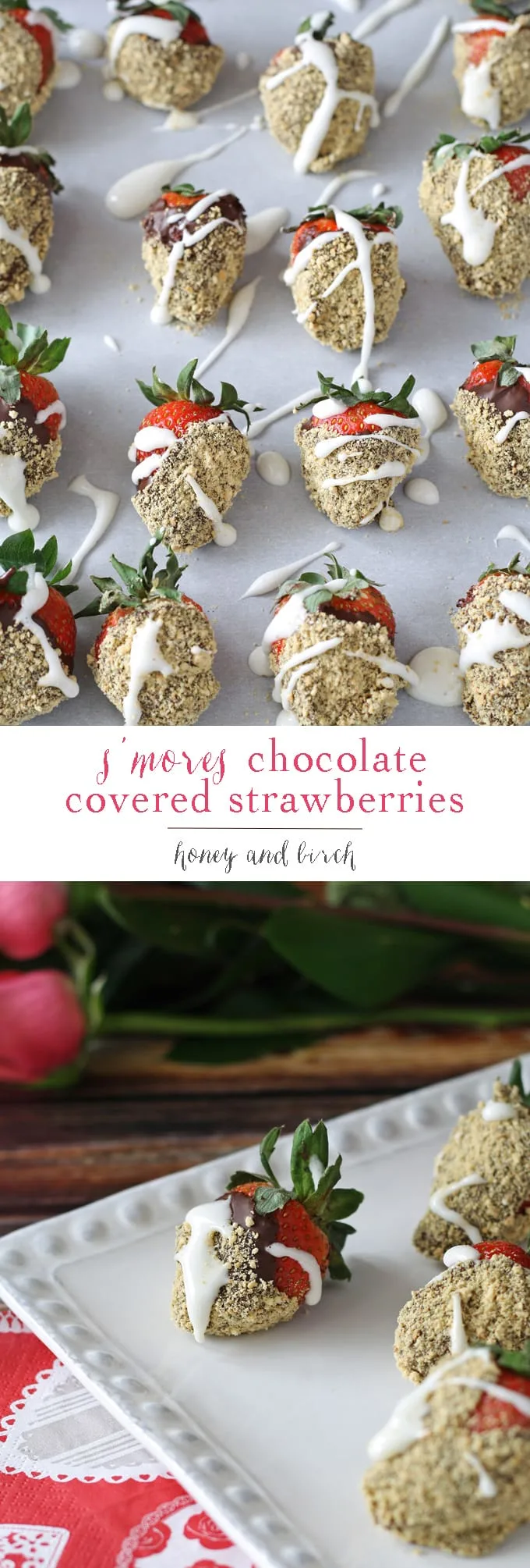 S'mores chocolate covered strawberries are the perfect dessert for Valentine's Day or treat for any day. Easy to make your own at home! | honeyandbirch.com