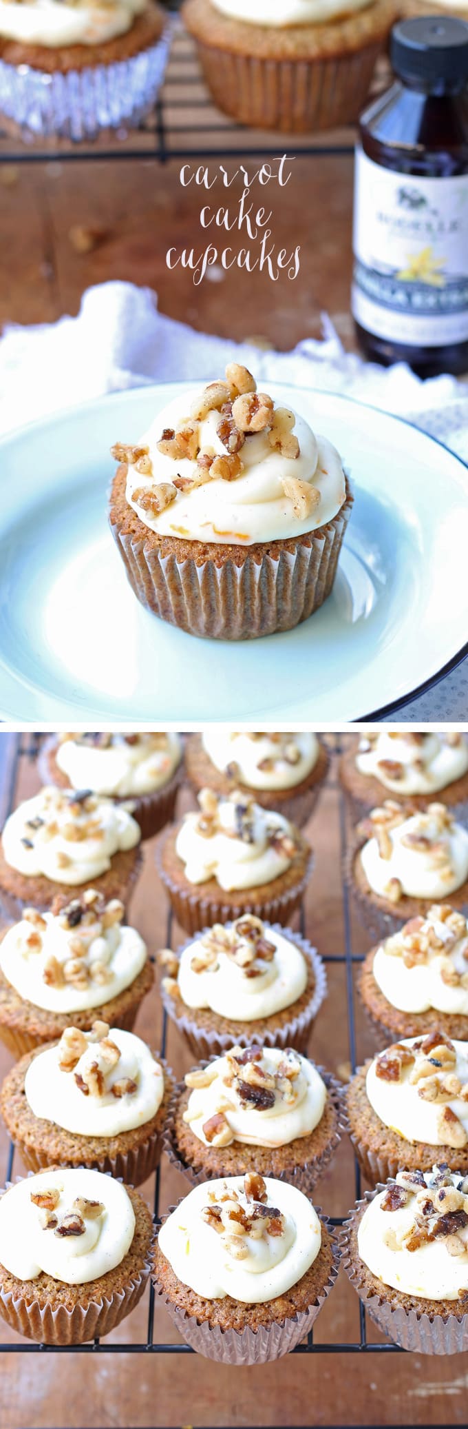Delicious carrot cake cupcakes, filled and topped with sweet cream cheese frosting! | honeyandbirch.com