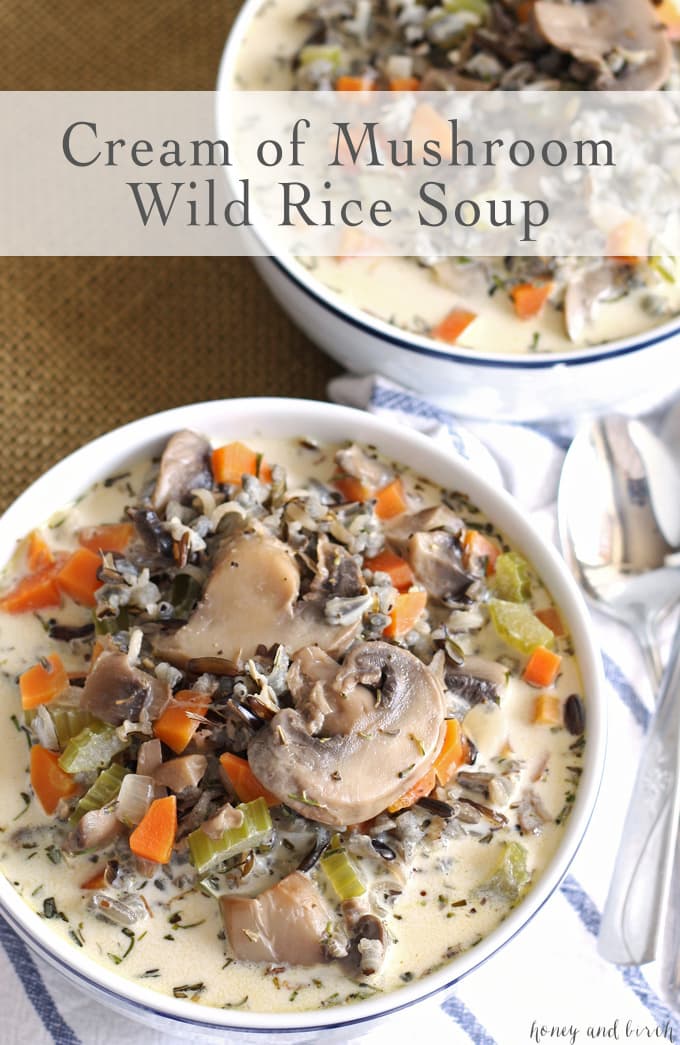 two bowls of cream of mushroom wild rice soup
