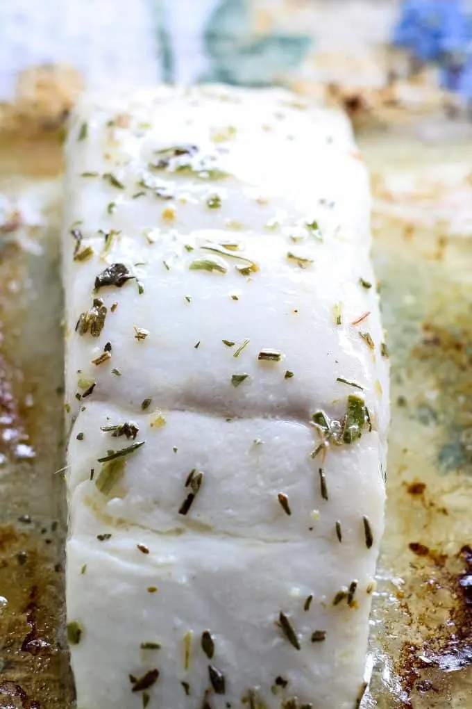 up close photo of baked alaskan halibut