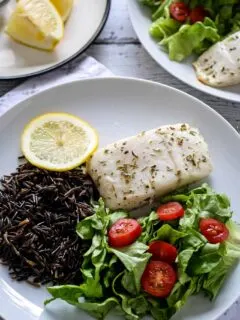 easy baked alaskan halibut with wild rice and a small salad