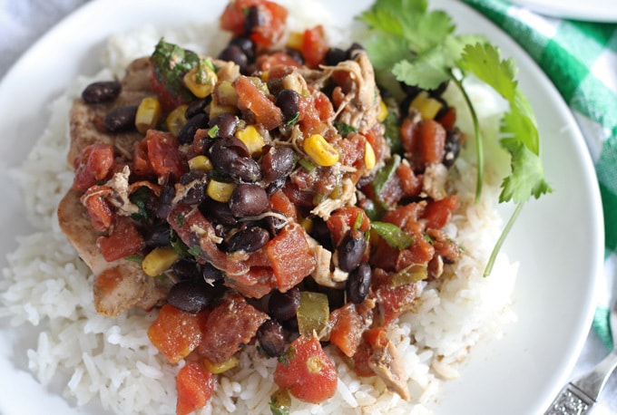 Slow Cooker Fiesta Chicken is crowd friendly and perfect for parties! Or, throw it in the crockpot in the morning and on the family dinner table at night. | honeyandbirch.com