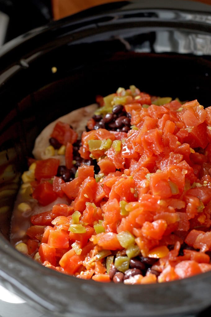 Slow Cooker Fiesta Chicken is crowd friendly and perfect for parties! Or, throw it in the crockpot in the morning and on the family dinner table at night. | honeyandbirch.com