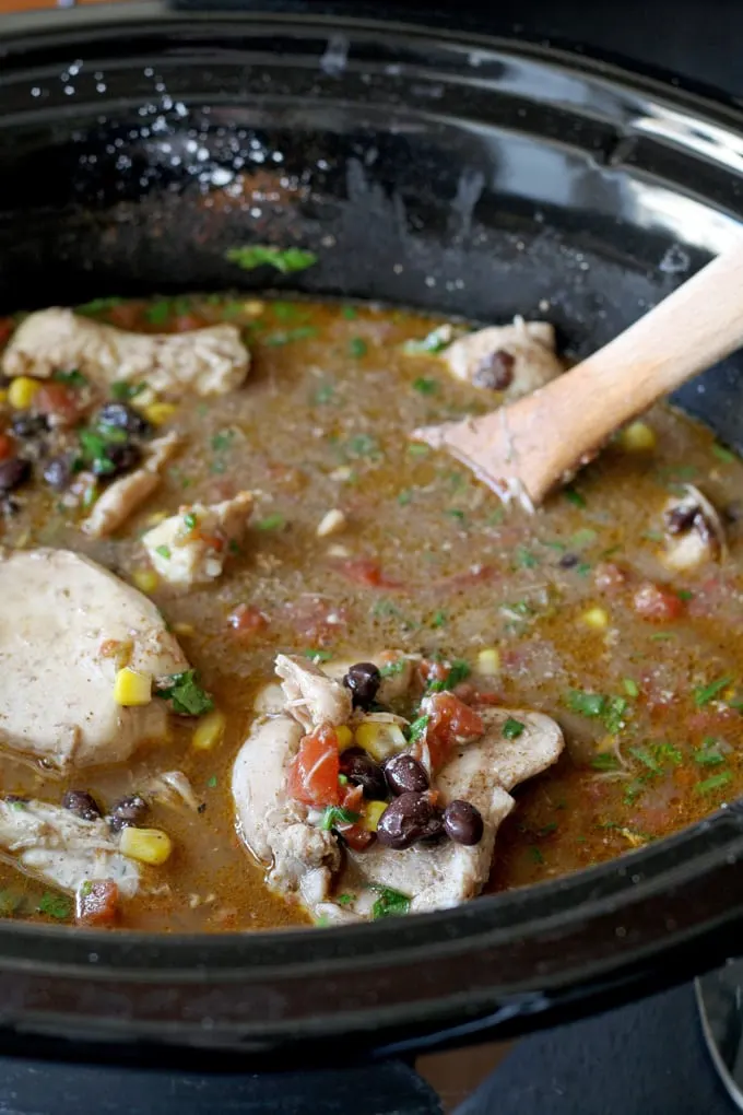 Slow Cooker Fiesta Chicken is crowd friendly and perfect for parties! Or, throw it in the crockpot in the morning and on the family dinner table at night. | honeyandbirch.com