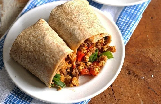 Egg Soy Meat Breakfast Burrito #soyswaps | honeyandbirch.com #sp