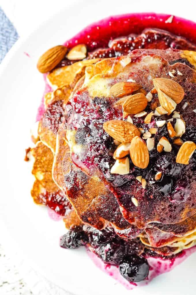 overhead photo of blueberry almond pancakes