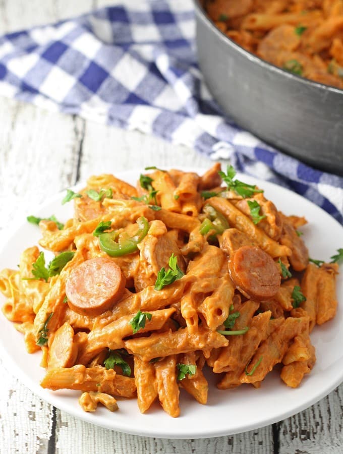 One Pot Spicy Sausage Skillet #dinner #pasta honeyandbirch.com