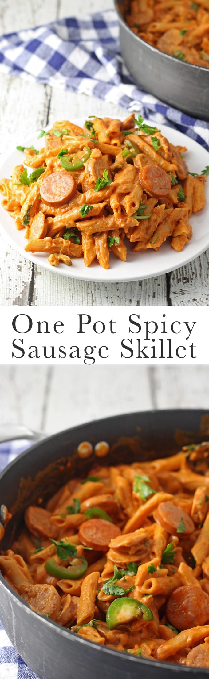 One Pot Spicy Sausage Skillet #dinner #pasta honeyandbirch.com
