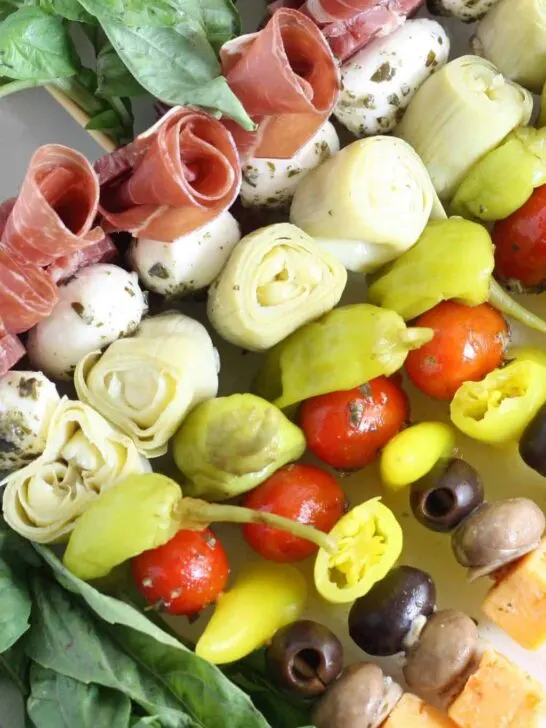 antipasto skewers on a plate