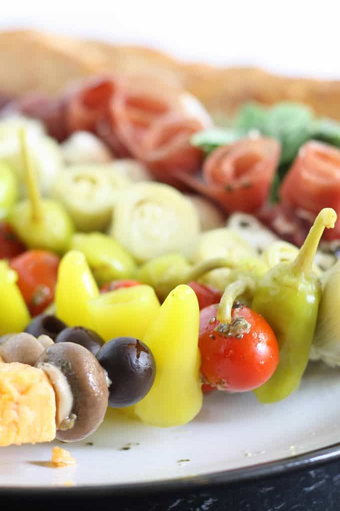close up photo of antipasto skewers