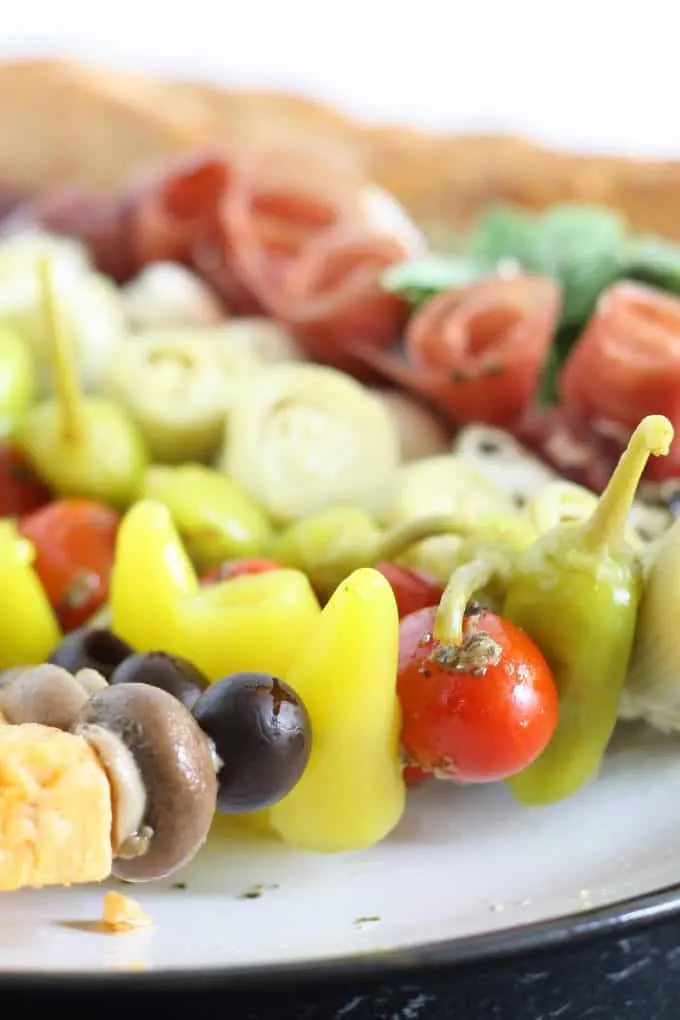 close up photo of antipasto skewers