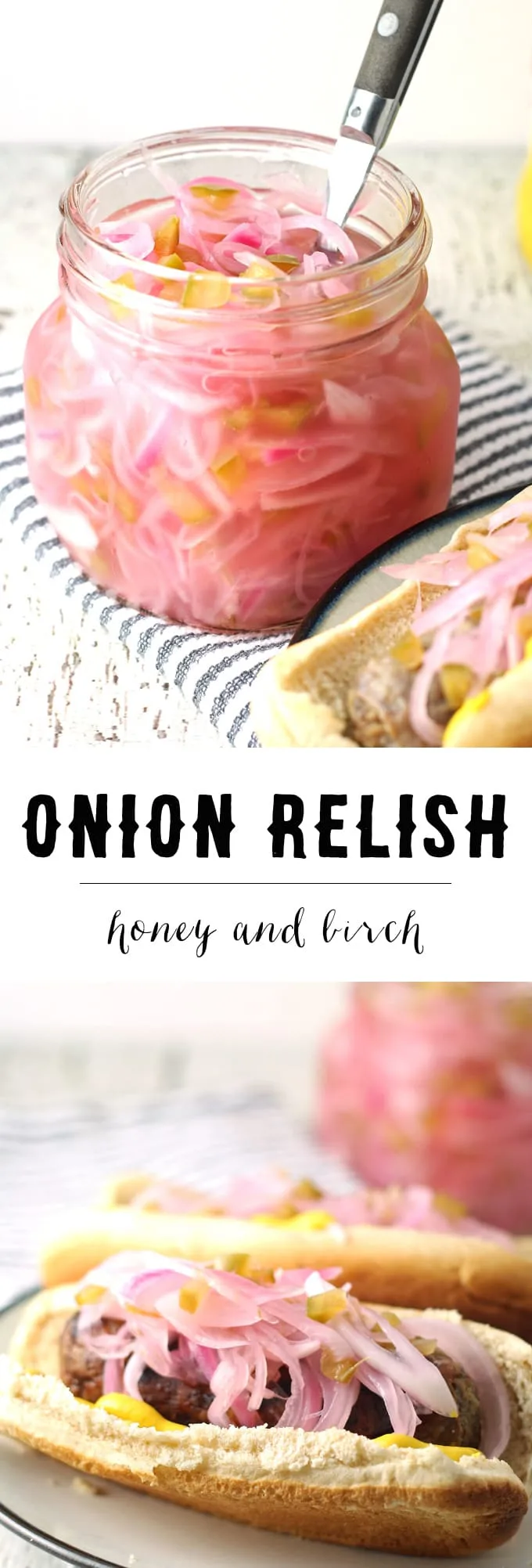 This onion relish recipe is perfect for summer barbecues! Put a jar of it next to the mustard and ketchup - your hot dogs and sausages will never be the same without it! | honeyandbirch.com