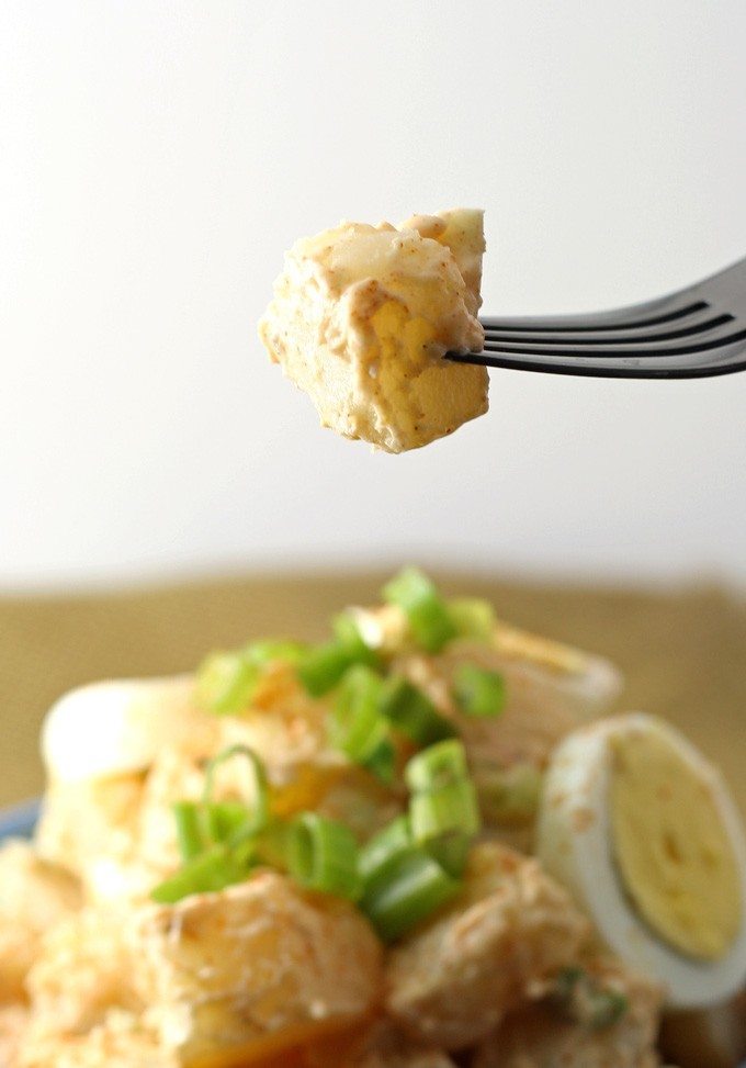 potato egg salad on a fork