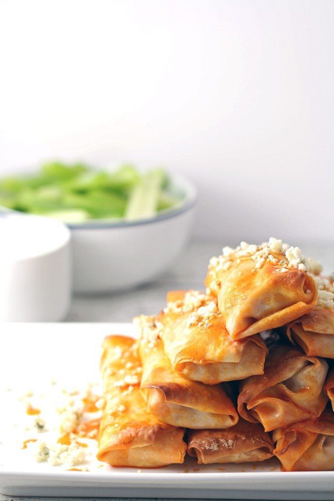 Baked Buffalo Chicken Egg Rolls - great for appetizers! | honeyandbirch.com