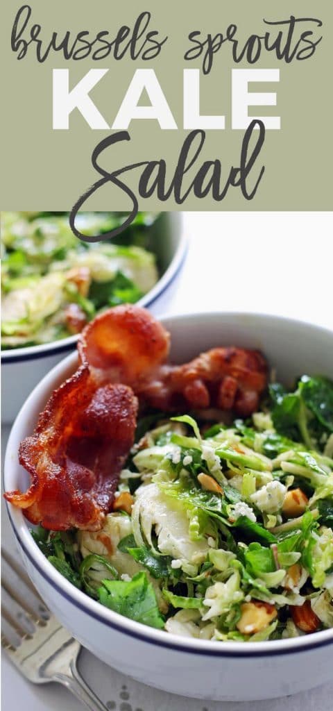Brussels sprouts kale salad with bacon, almonds, blue cheese pin