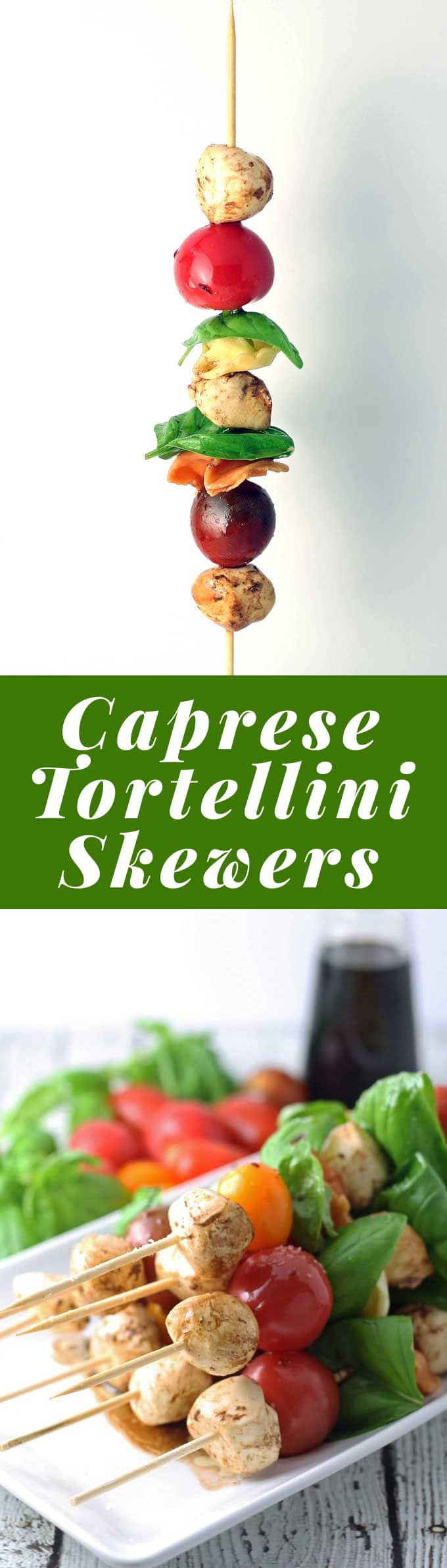 Caprese Tortellini Skewers are a fun appetizer on a stick! Perfect for parties and barbecues. | honeyandbirch.com