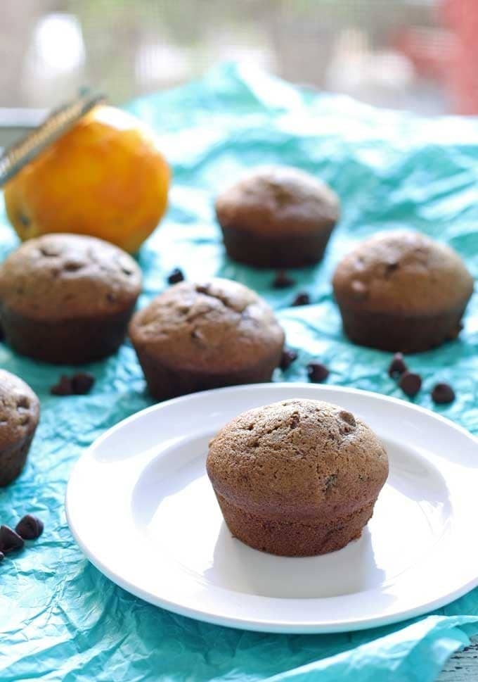 This chocolate orange muffin recipe is great for breakfast, or dessert. Grab a muffin and a glass of milk. | honeyandbirch.com