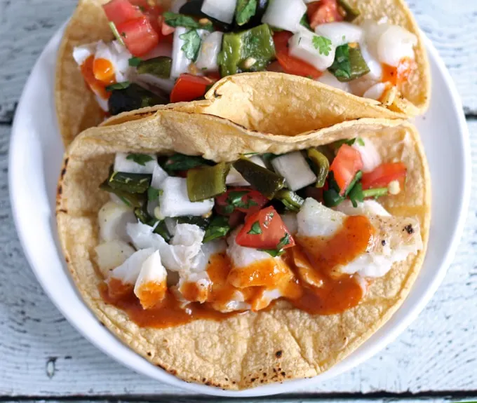 Fish Tacos with Poblano Pepper Pico de Gallo #KingOfFlavor #ad | honeyandbirch.com