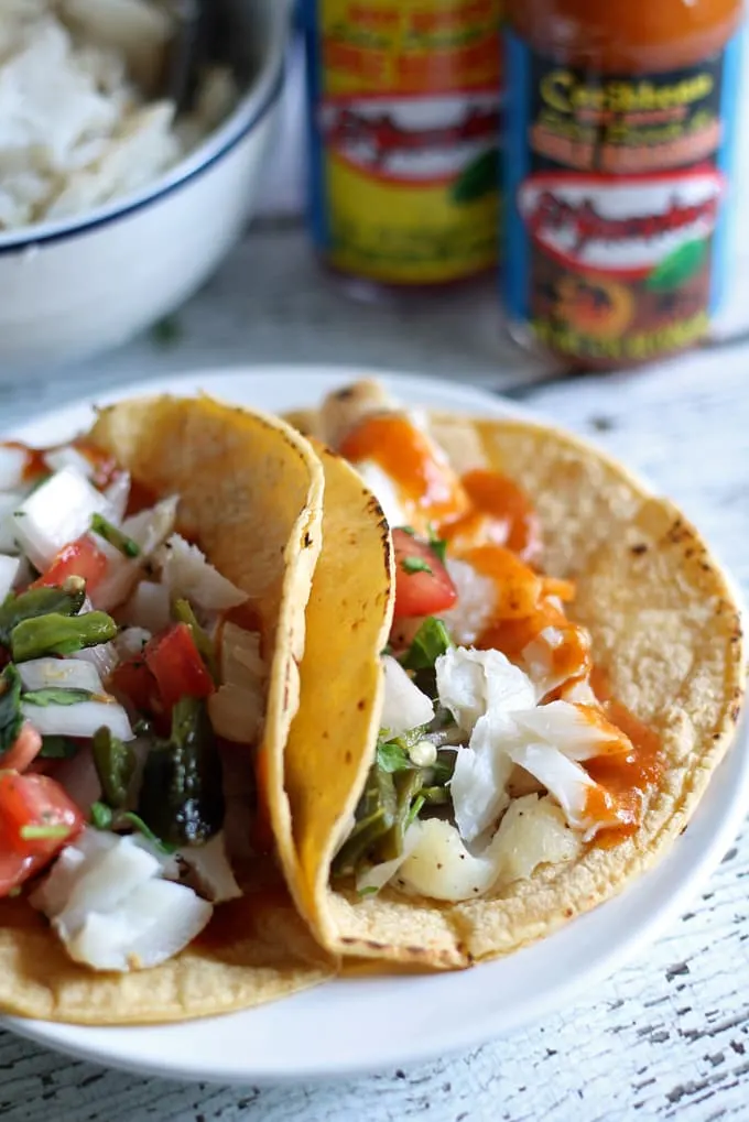 Fish Tacos with Poblano Pepper Pico de Gallo #KingOfFlavor #ad | honeyandbirch.com