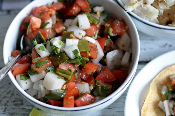 Fish Tacos with Poblano Pepper Pico de Gallo #KingOfFlavor #ad | honeyandbirch.com