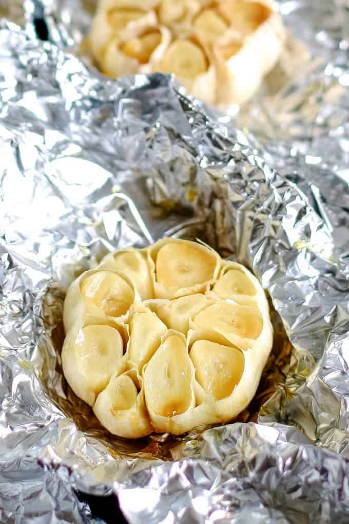 roasted garlic on foil