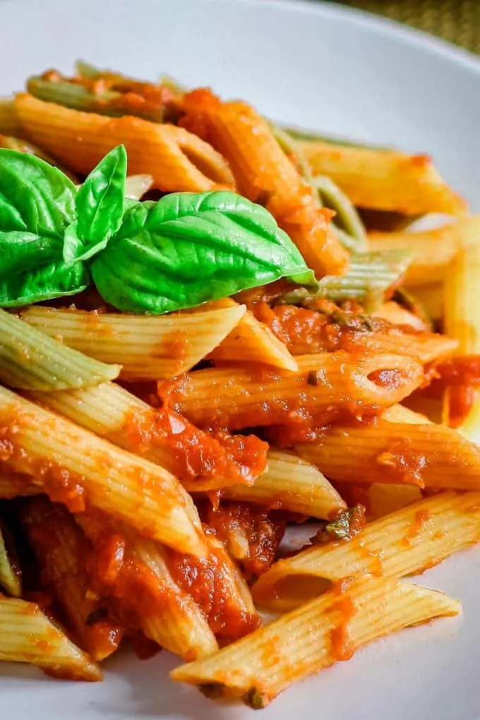 a plate of pasta tossed in basil roasted garlic tomato sauce
