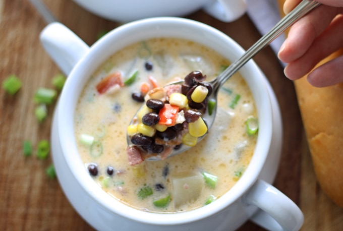 black bean chowder on a spoon