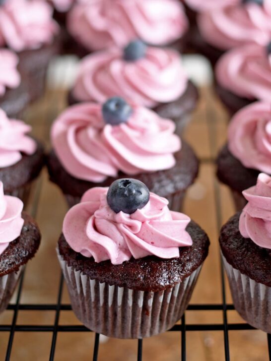 Chocolate Cupcakes with Blueberry Buttercream Frosting