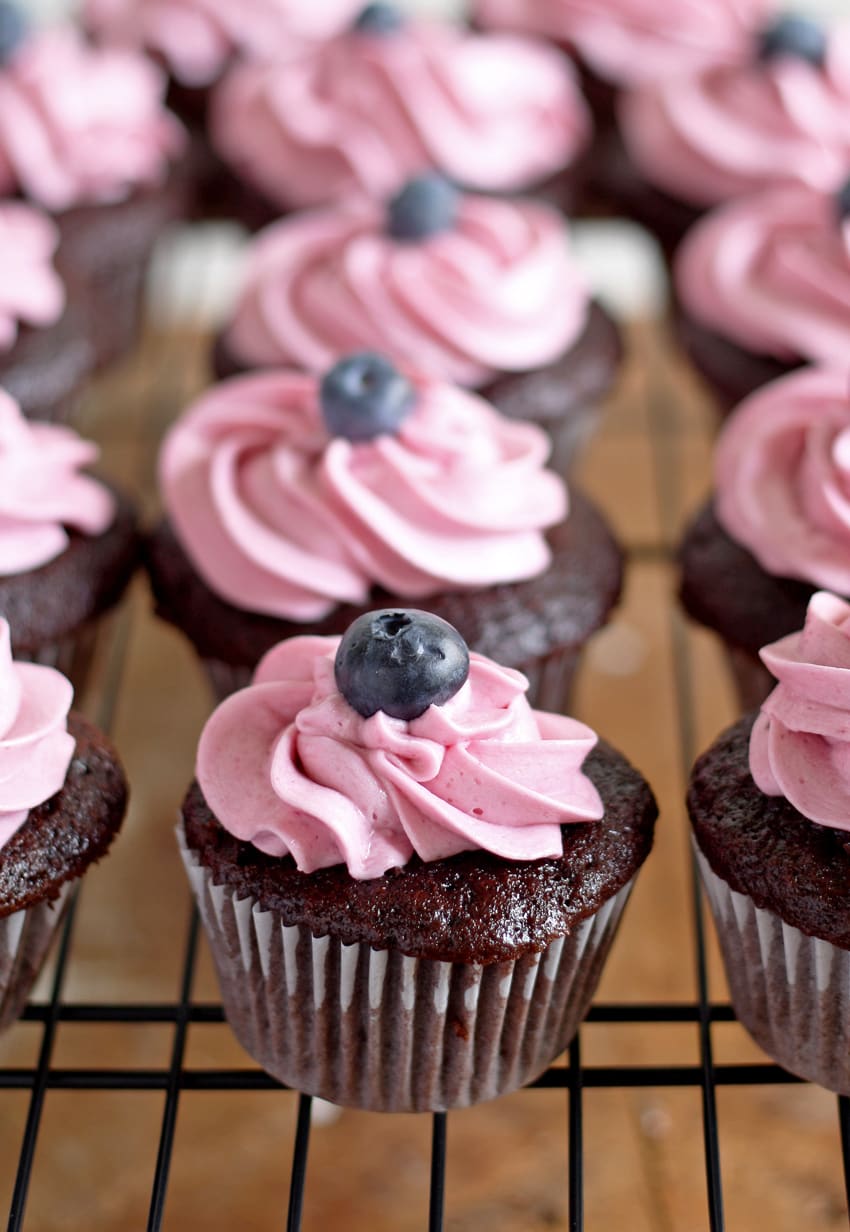 Chocolate Cupcakes with Blueberry Buttercream Frosting