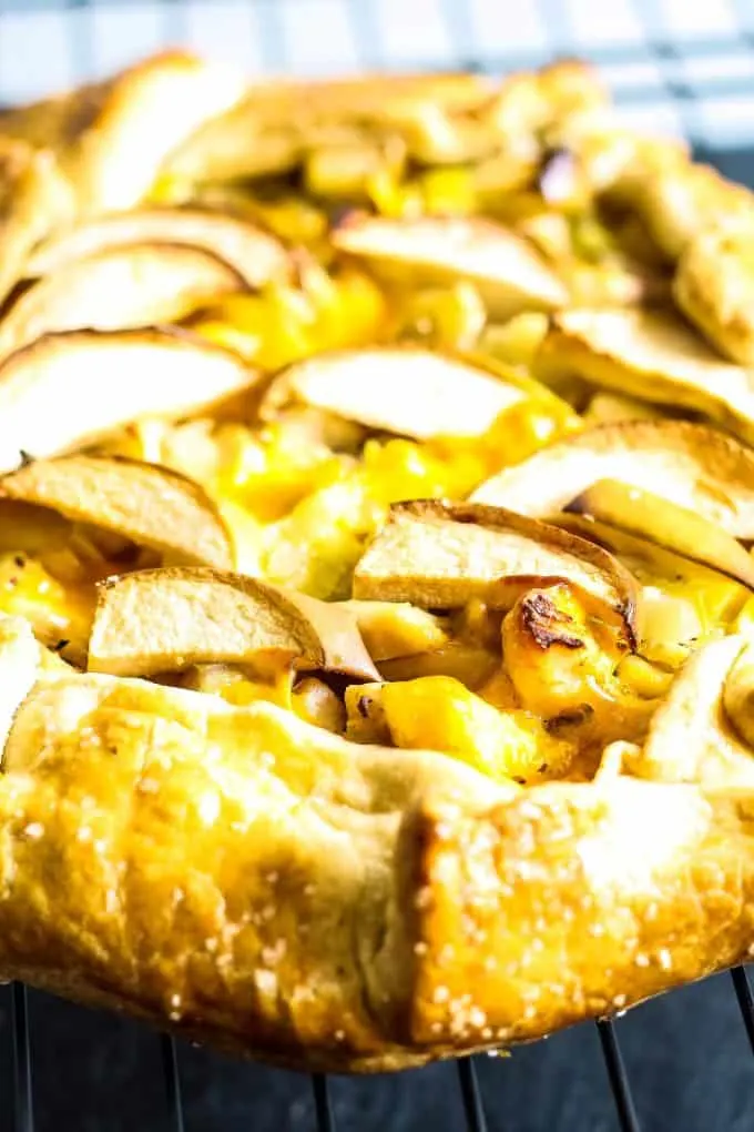 closeup photo of savory apple galette with close up of chicken cheddar cheese and apples
