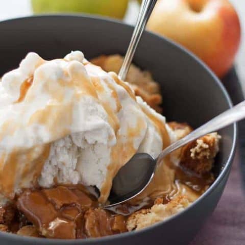 Apple Cake Sundae - hot apple cake fresh out of the oven, vanilla ice cream and caramel! My new favorite fall dessert! | honeyandbirch.com #sponsored