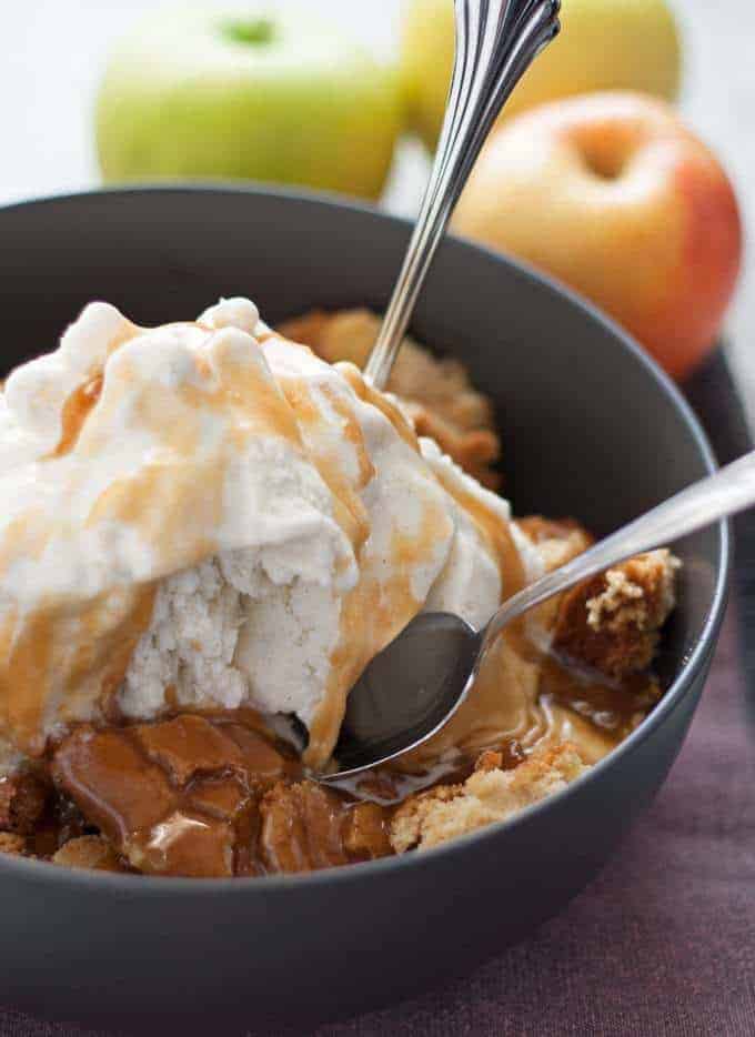 Apple Cake Sundae - hot apple cake fresh out of the oven, vanilla ice cream and caramel! My new favorite fall dessert! | honeyandbirch.com #sponsored
