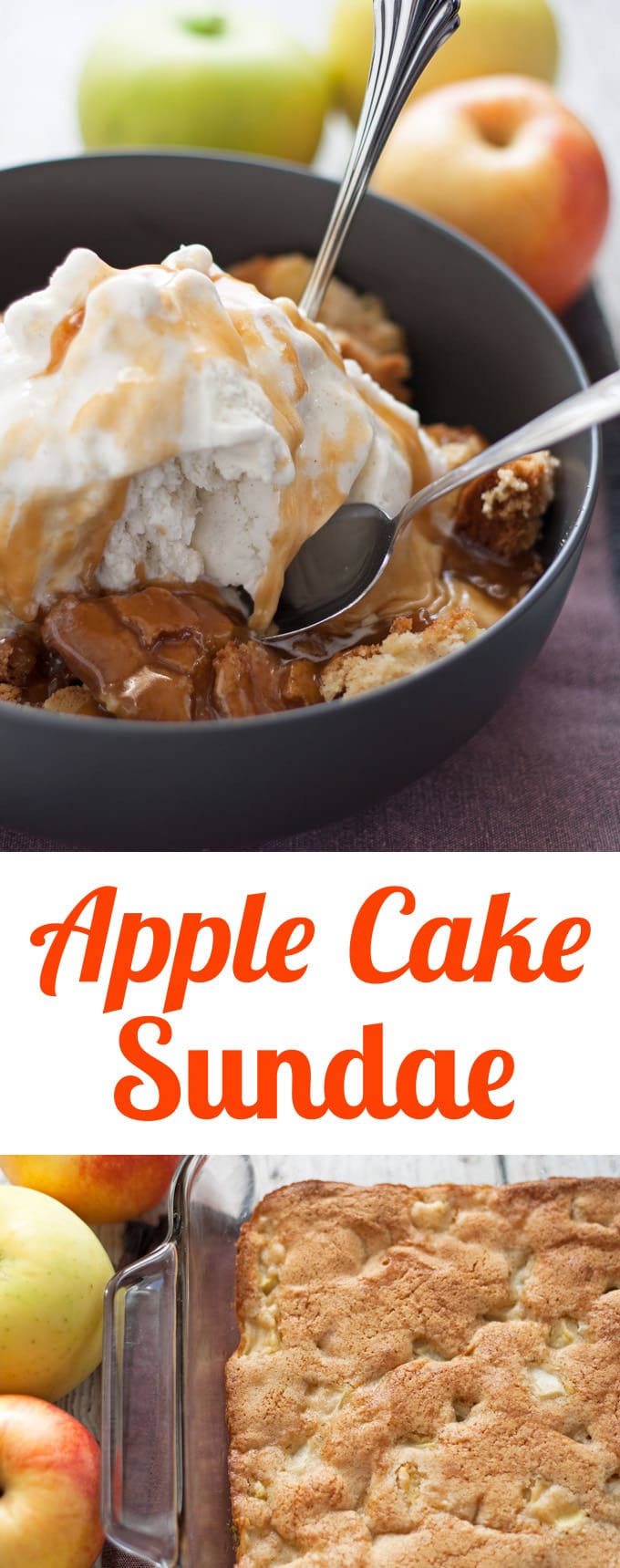 Apple Cake Sundae - hot apple cake fresh out of the oven, vanilla ice cream and caramel! My new favorite fall dessert! | honeyandbirch.com #sponsored