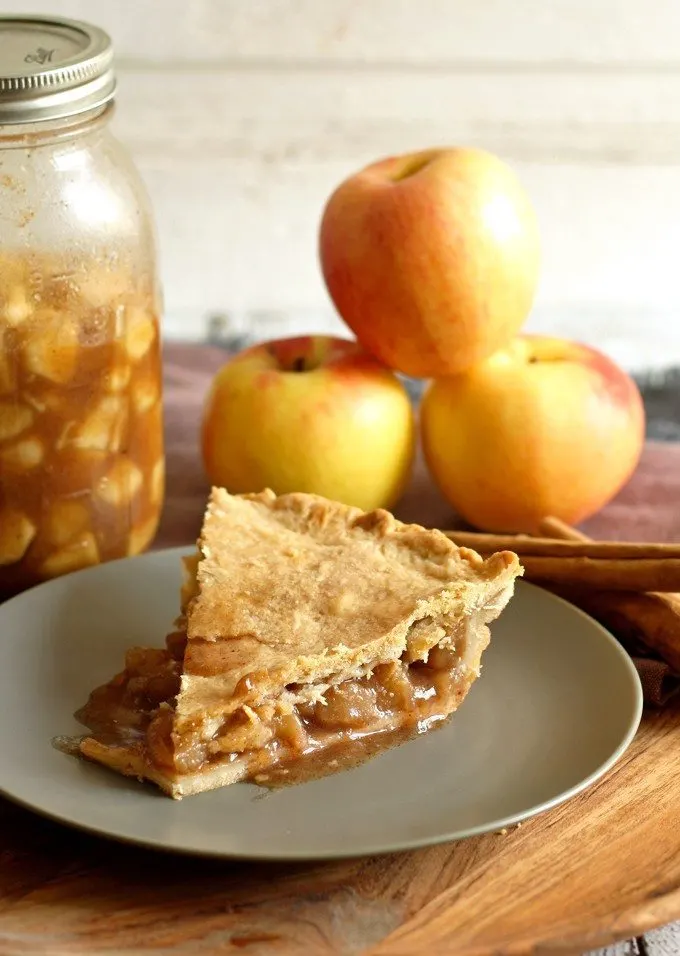 Make homemade apple pie filling with all of autumn's bounty of apples! Fill your home with the smells of apple pie all year long! | honeyandbirch.com Apple Pie Slice
