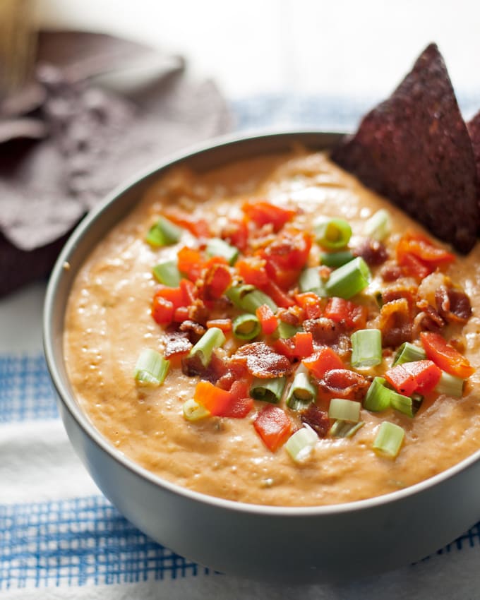 hot pimento cheese dip in a grey bowl