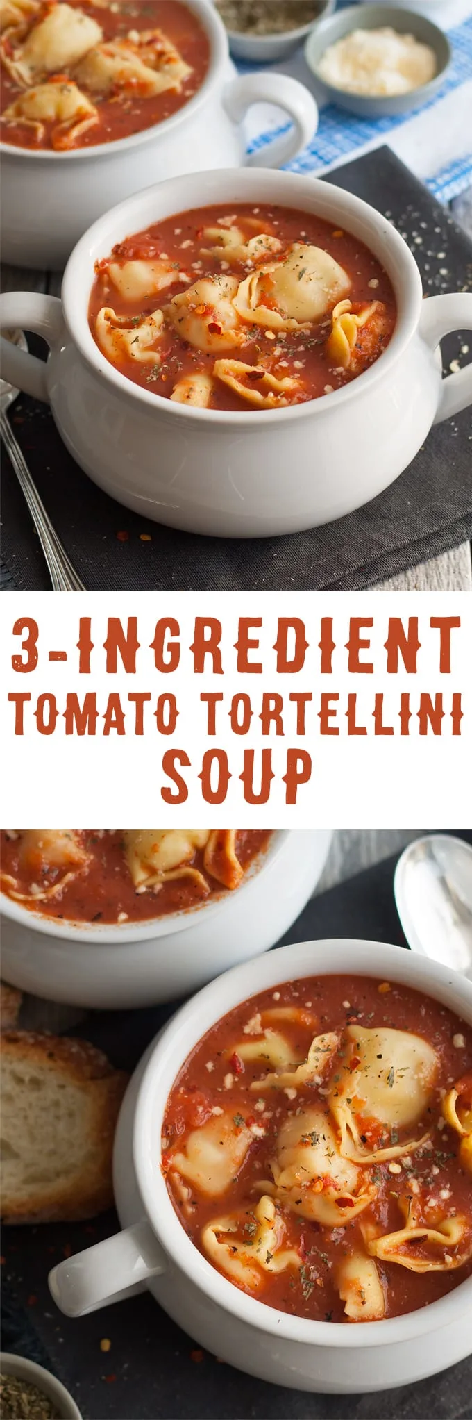 3 Ingredient Tomato Tortellini Soup - if you're short on time, make this soup! It only takes 15 minutes from start to finish and is full of flavor. Plus, 3 variations are included with easy additions for more soup deliciousness! | honeyandbirch.com