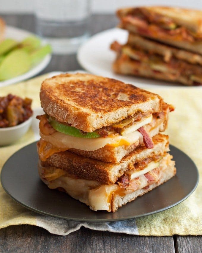 Spicy Apple Bacon Grilled Cheese Sandwiches - get ready to add some heat to your lunch with this delicious sandwich. The sweet and spicy apple relish is my favorite part! | honeyandbirch.com width=