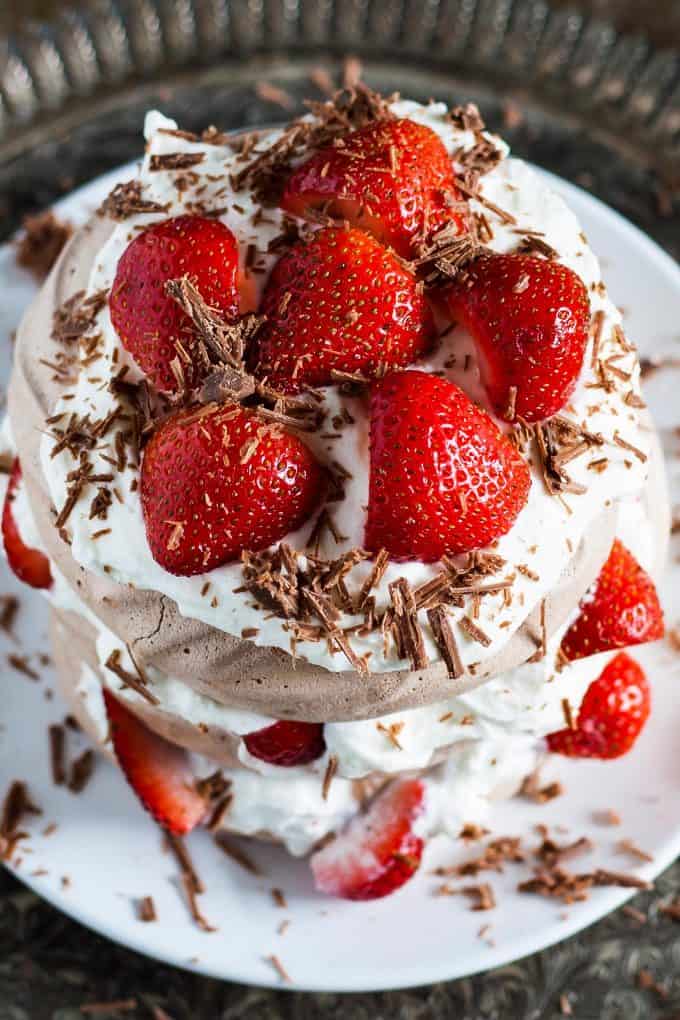 overhead close up photo of chocolate pavlova cake