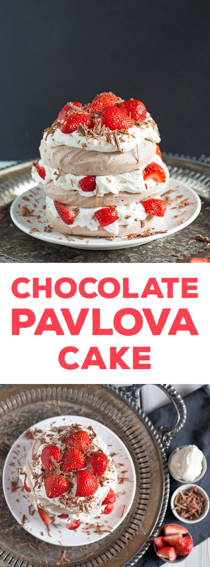 Chocolate Pavlova Cake - delicious chocolate meringue layered with whipped cream and fresh strawberries. | honeyandbirch.com