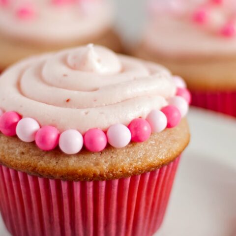 Double Berry Cupcakes - both the cupcakes and frosting are made with a mixture of raspberry and strawberry puree! | honeyandbirch.com